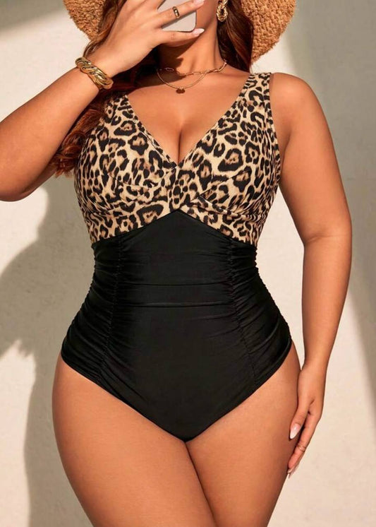 SHEIN Leopard Print Contrast Ruched One-Piece Swimsuit