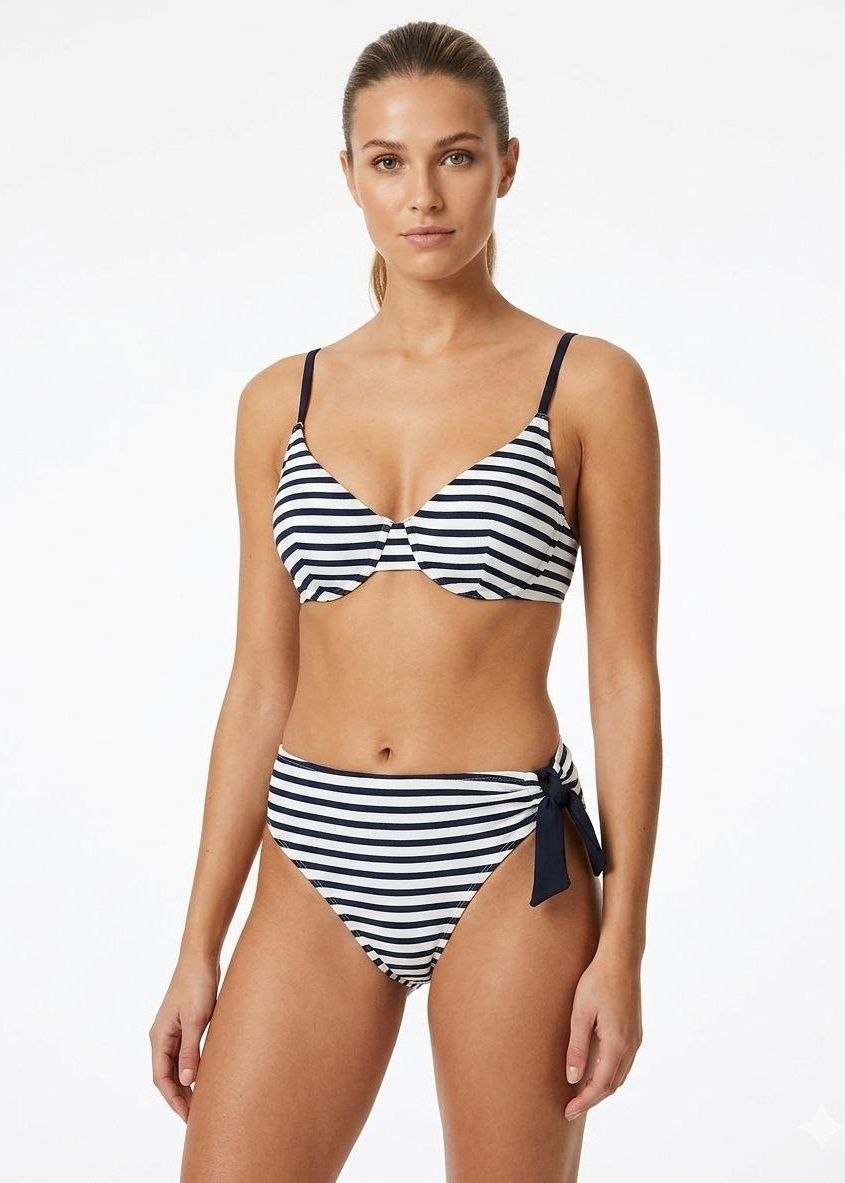 ESMARA Nautical Navy and White Striped Underwire Bikini Set with Side-Tie Bottoms