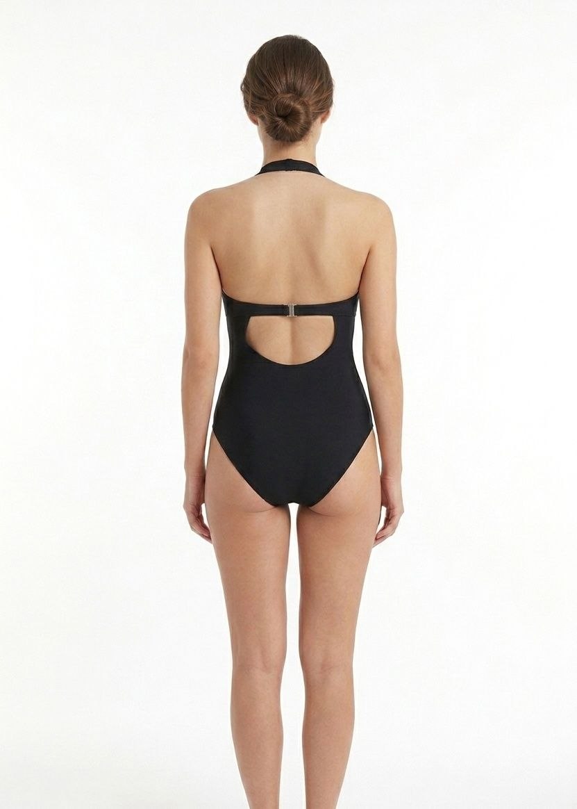 SHEIN Black and Striped Twist-Front Halter One-Piece Swimsuit