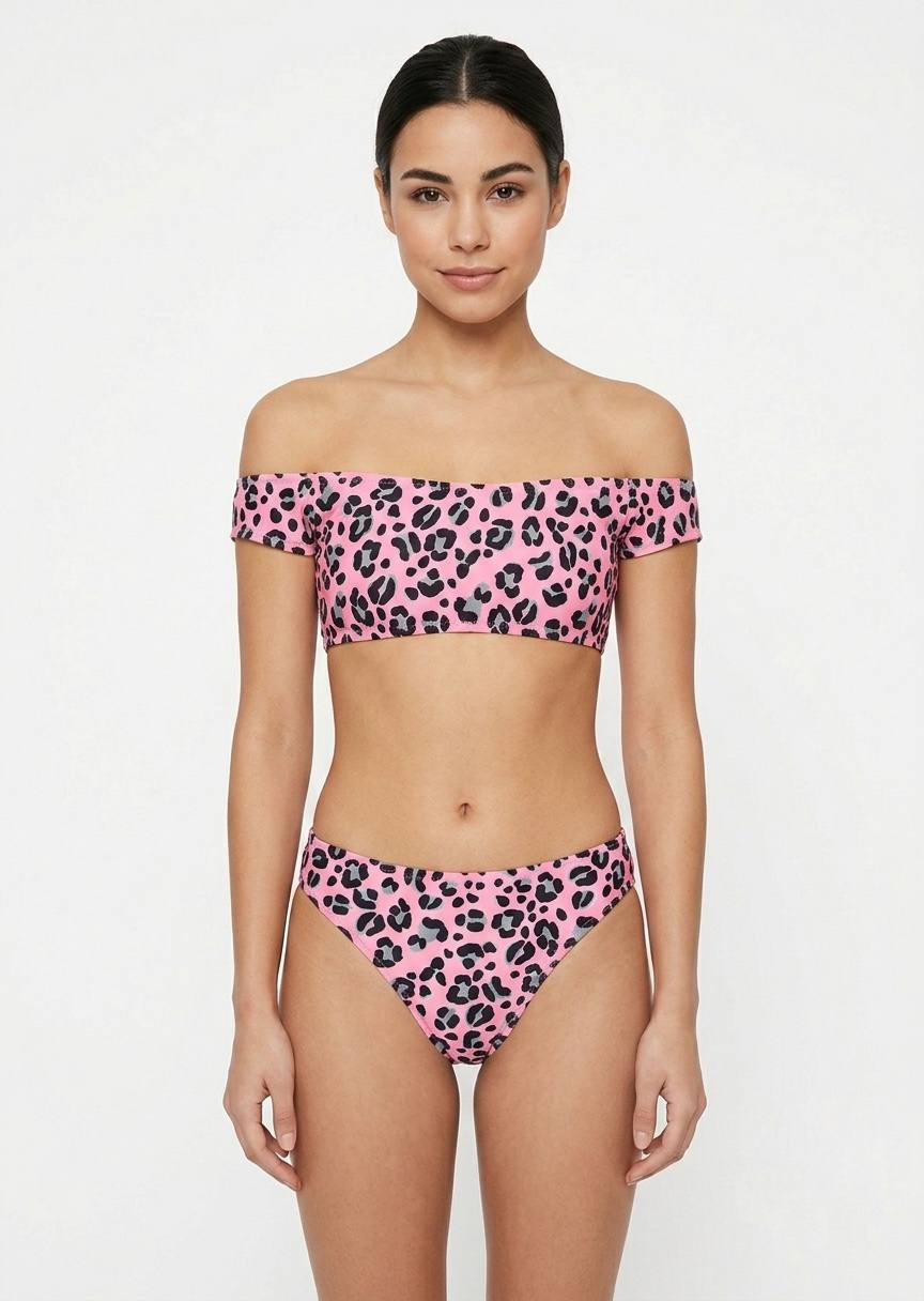 Pink Leopard Print Off-Shoulder Bikini Set