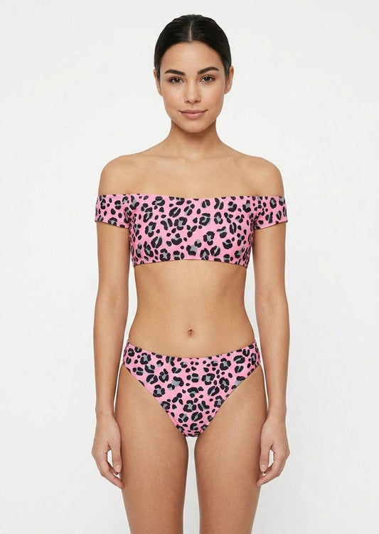 Pink Leopard Print Off-Shoulder Bikini Set