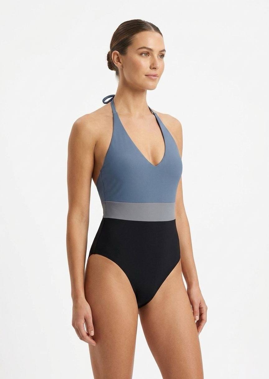 SHEIN Color-Block Halter One-Piece Swimsuit
