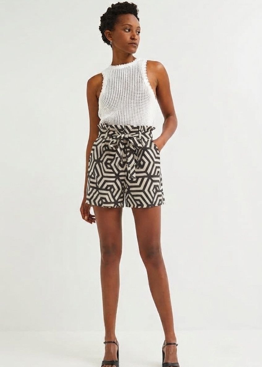 ESMARA Geometric Print Paperbag Waist Shorts
