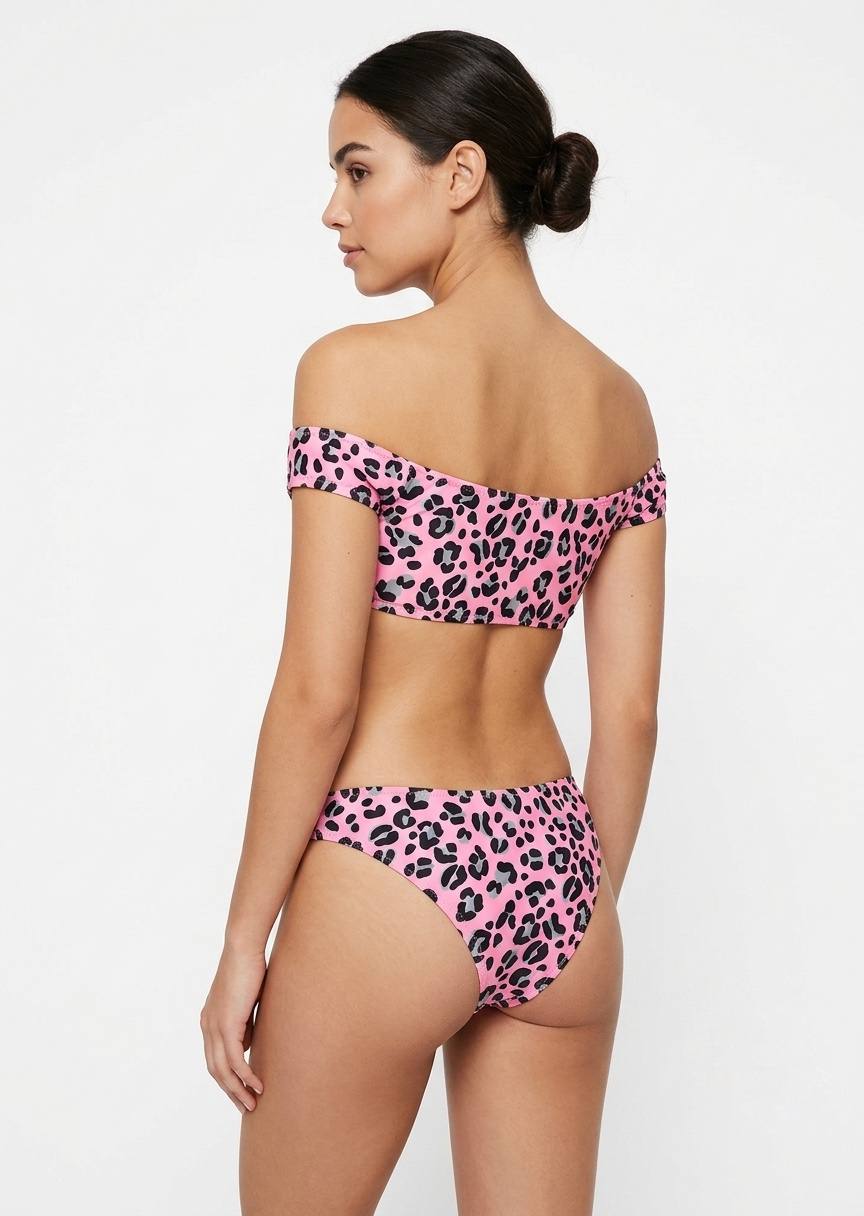 Pink Leopard Print Off-Shoulder Bikini Set