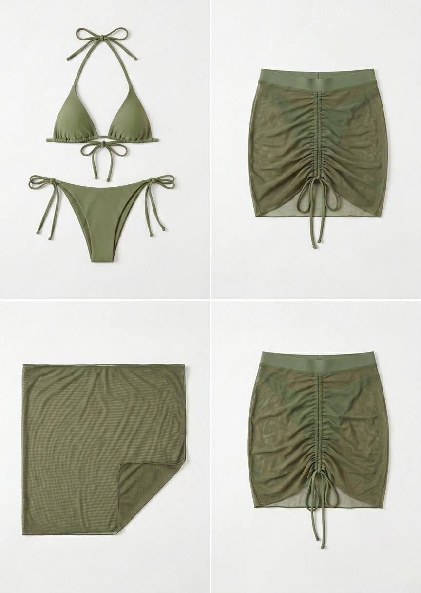 SHEIN 4-Piece Olive Green Bikini and Mesh Cover-Up Set