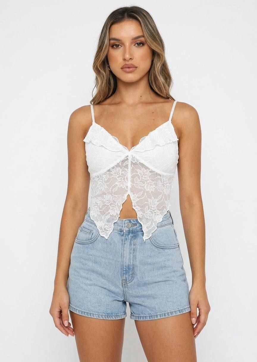 BERSHKA Women's Floral Lace V-Neck Crop Top