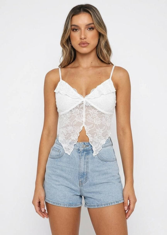 BERSHKA Women's Floral Lace V-Neck Crop Top