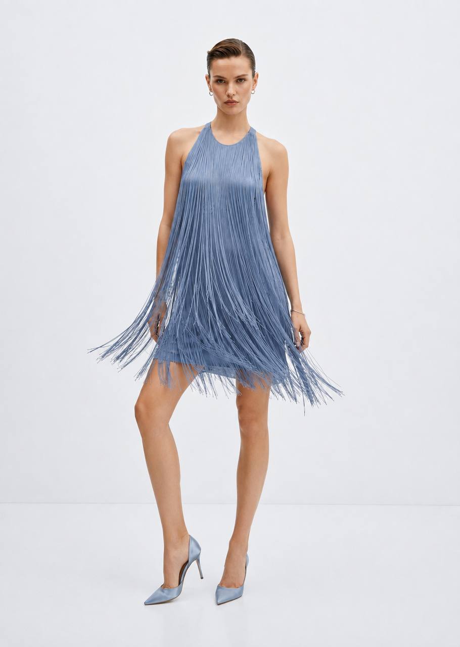 ZARA Dusty Blue Fringe Halter Mini Dress