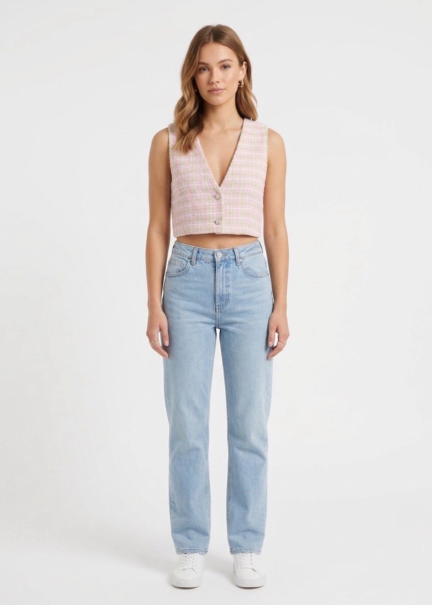 ZARA– Checked Tweed Button-Up Vest