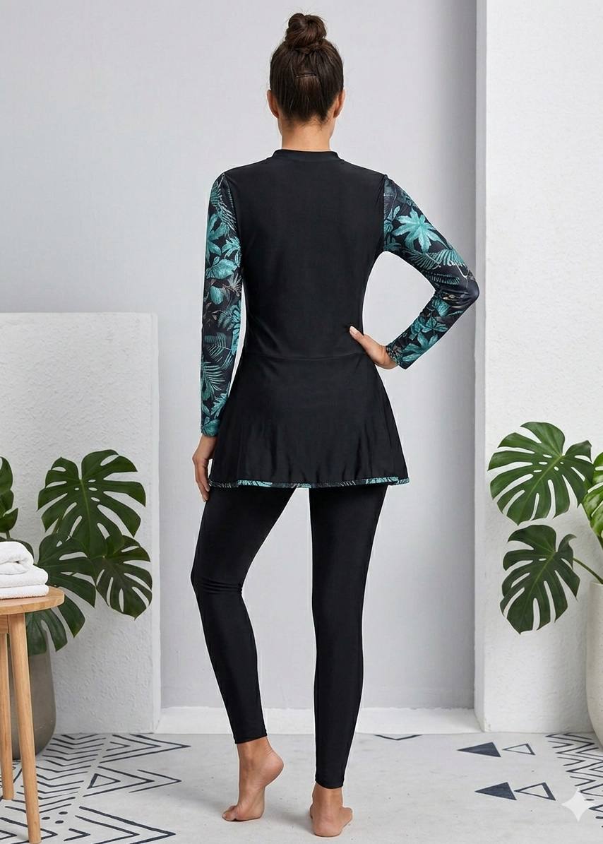 SHEIN Modest Floral Print Zip-Front Long Sleeve 3-Piece Swimwear Set