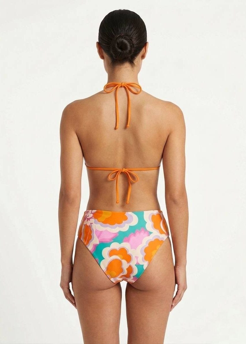 Solid Orange Halter Triangle Bikini Set with Floral High-Waisted Bottoms