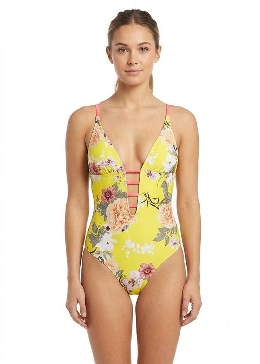 Vibrant Canary Yellow Floral Plunge One-Piece Swimsuit