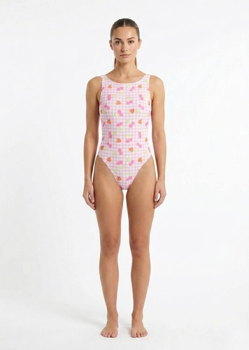 Gingham Fruit Print High-Neck One-Piece Swimsuit