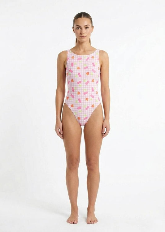 Gingham Fruit Print High-Neck One-Piece Swimsuit