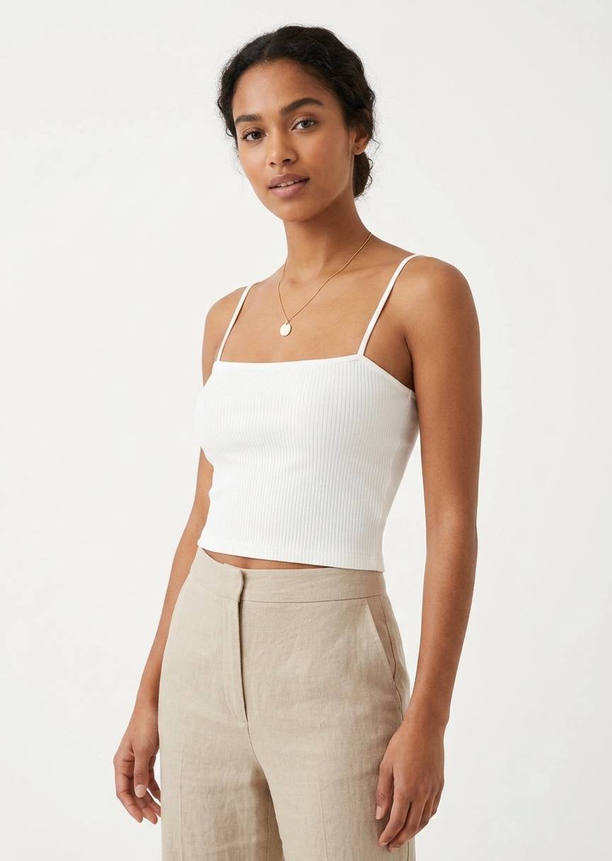 Women's Ribbed Square Neck Spaghetti Strap Crop Top