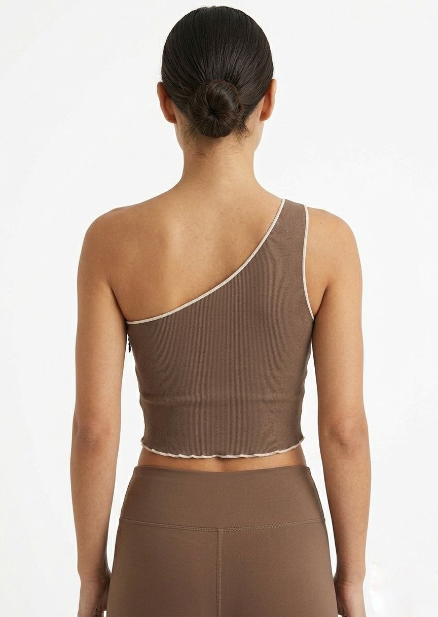 PULL&BEAR Women's One-Shoulder Ribbed Crop Top with Contrast Stitching - Brown