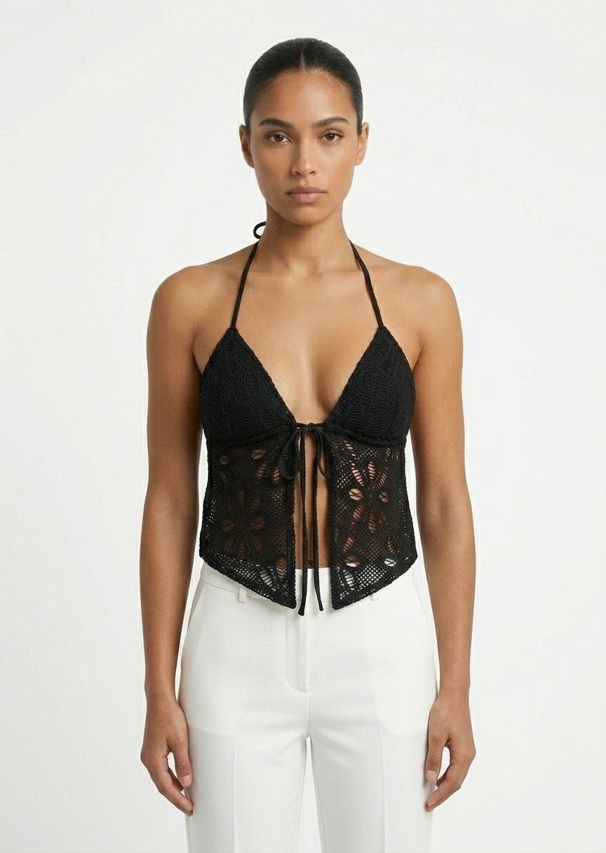 BERSHKA Women's Crochet Halter Neck Tie-Front Crop Top