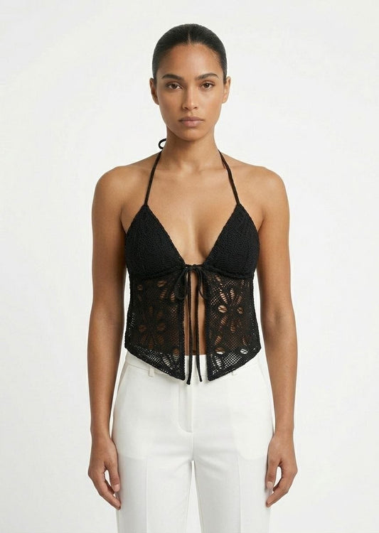 BERSHKA Women's Crochet Halter Neck Tie-Front Crop Top