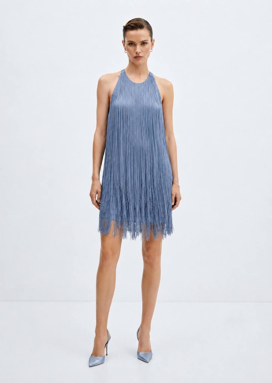 ZARA Dusty Blue Fringe Halter Mini Dress