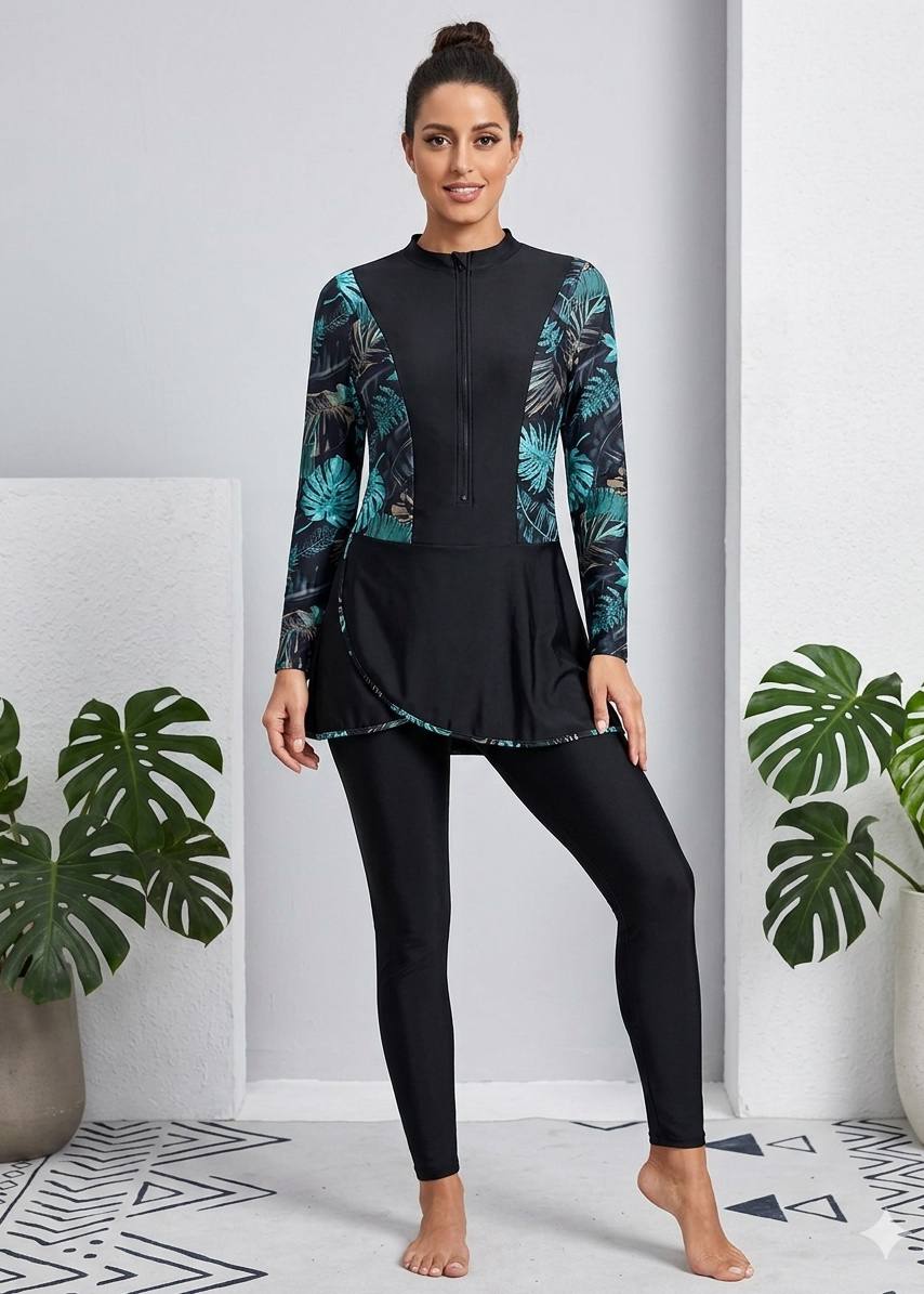 SHEIN Modest Floral Print Zip-Front Long Sleeve 3-Piece Swimwear Set