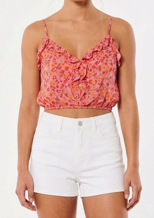 BERSHKA Floral Print Ruffle V-Neck Crop Top