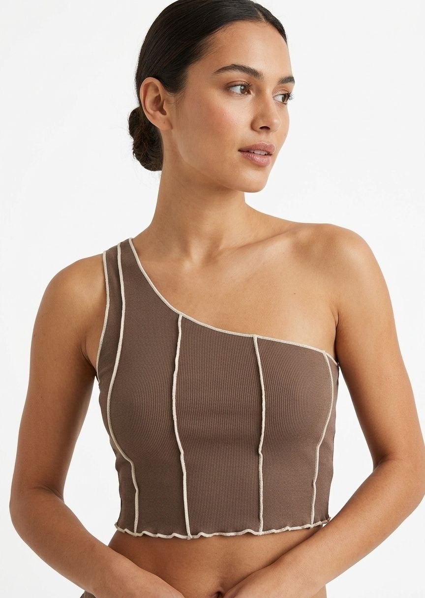 PULL&BEAR Women's One-Shoulder Ribbed Crop Top with Contrast Stitching - Brown