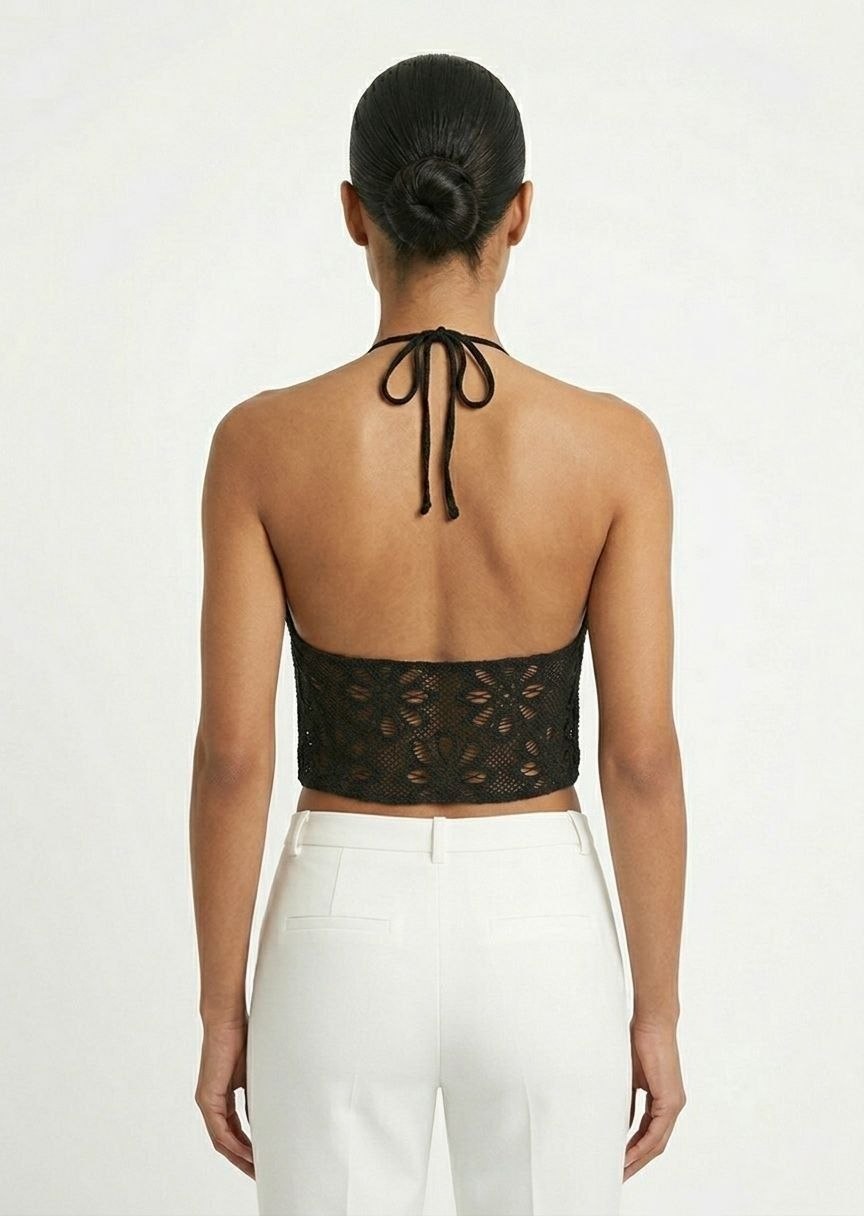 BERSHKA Women's Crochet Halter Neck Tie-Front Crop Top