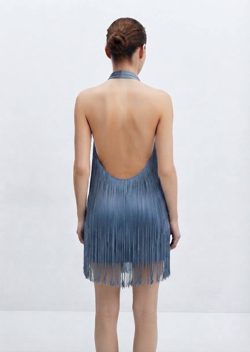 ZARA Dusty Blue Fringe Halter Mini Dress