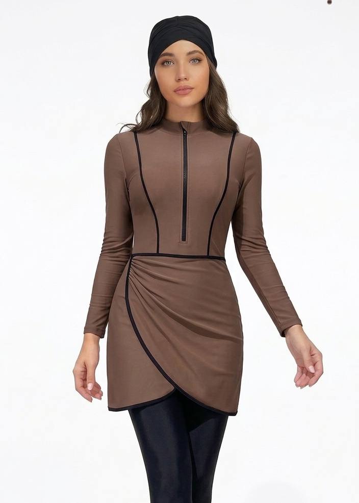 SHEIN Modest Zip-Front Long Sleeve 3-Piece Swimwear Set .
