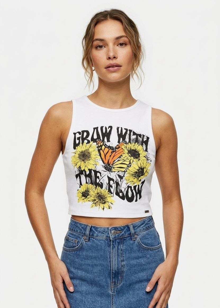 BERSHKA Graphic Print Lace-Up Back Crop Top