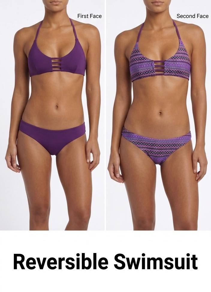 Reversible Purple Patterned Bikini Set - Two-in-One Swimwear