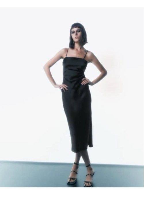 ZARA Elegant Black Satin Midi Slip Dress with Side Slit
