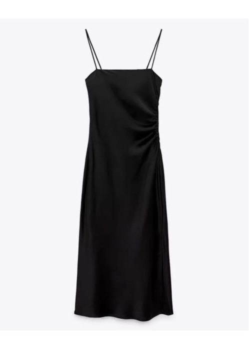 ZARA Elegant Black Satin Midi Slip Dress with Side Slit