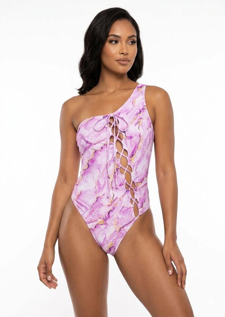 SHEIN Purple Marble Print One-Shoulder Lace-Up Swimsuit