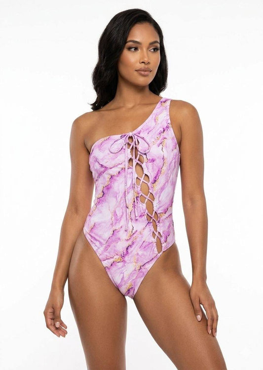 SHEIN Purple Marble Print One-Shoulder Lace-Up Swimsuit