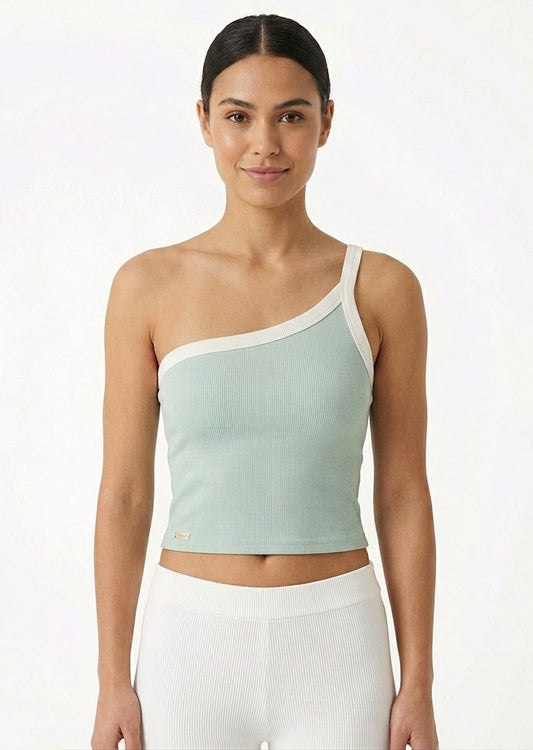 Women's One-Shoulder Ribbed Crop Top - Mint Green