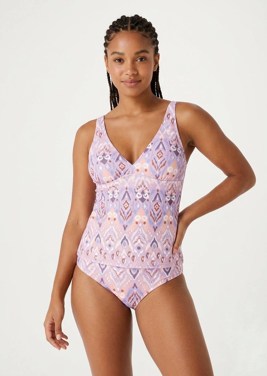 TU BRAND Women’s V-Neck Tankini Set with Boho Ikat Print