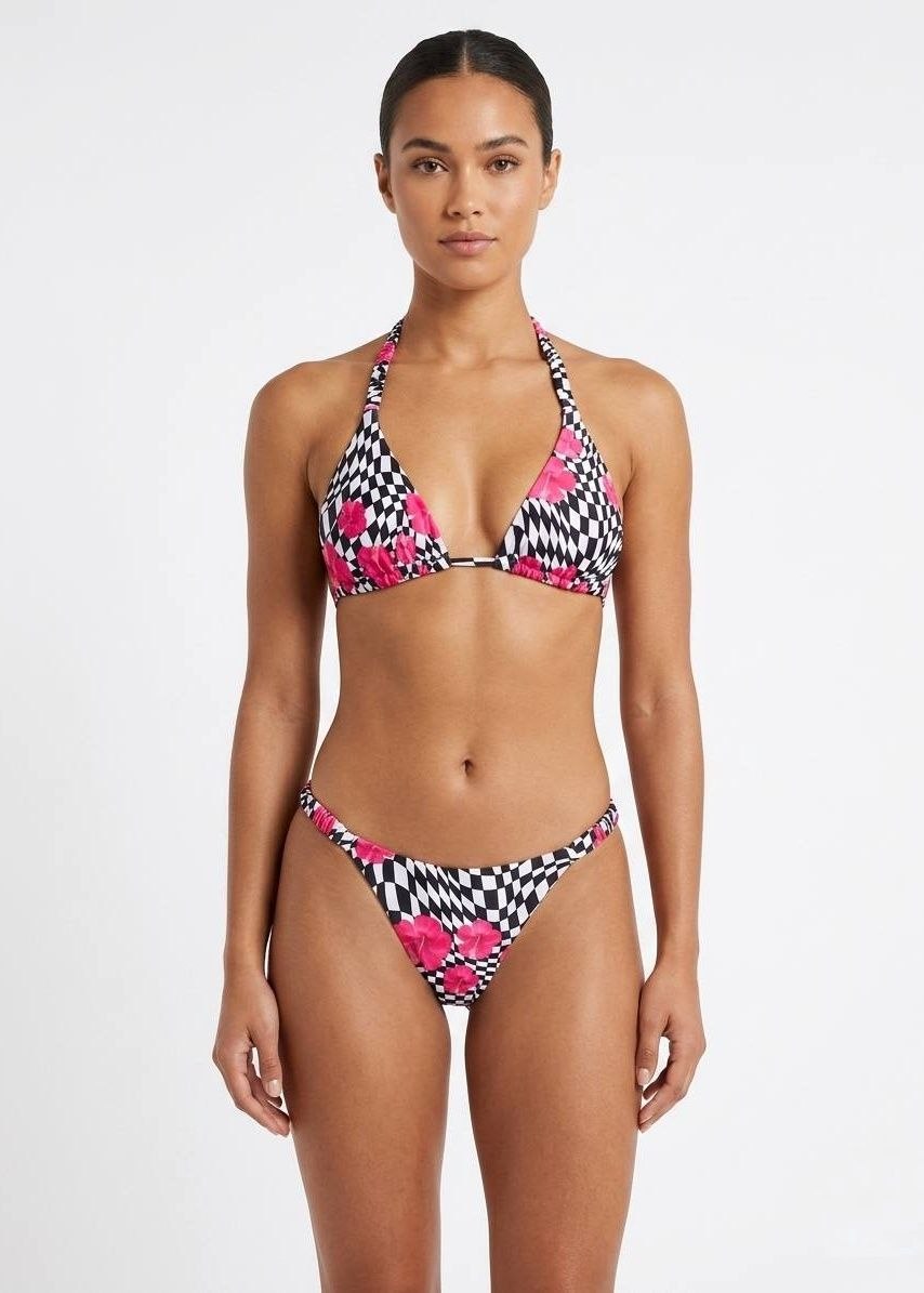 SHEIN Checkered and Pink Floral Print Halter Bikini Set
