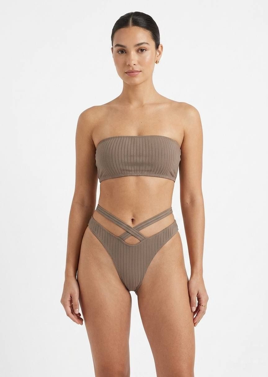 SHEIN Ribbed Bandeau Bikini Set with Criss-Cross Strappy Bottoms