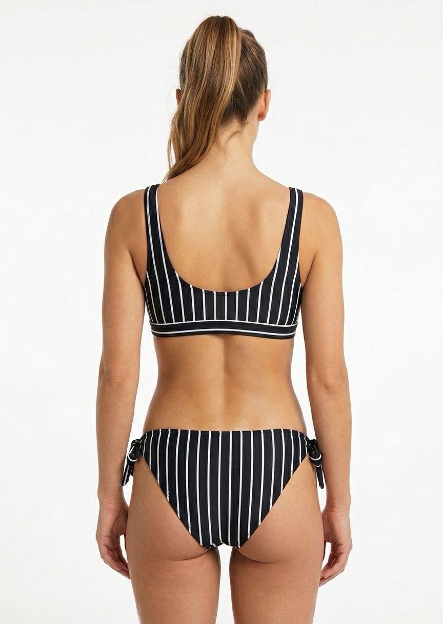SHEIN Black and White Striped Bikini Set with Tie-Side Bottoms