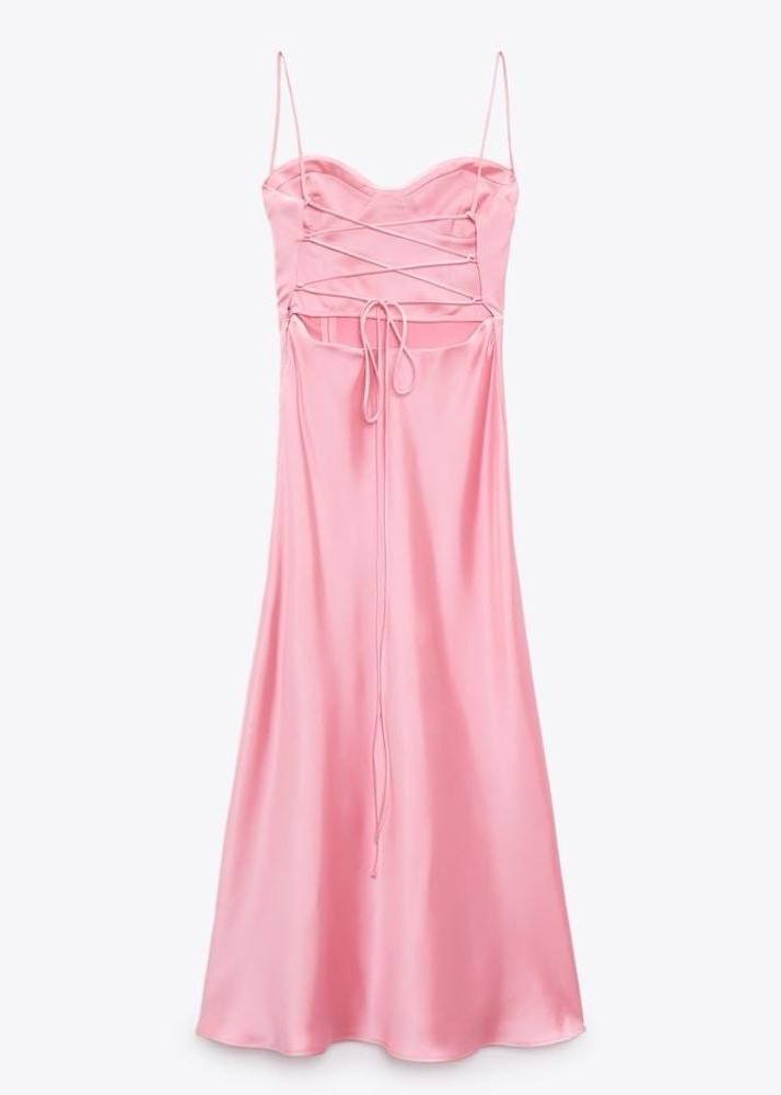 ZARA Pink Satin Corset Midi Dress with Lace-Up Back