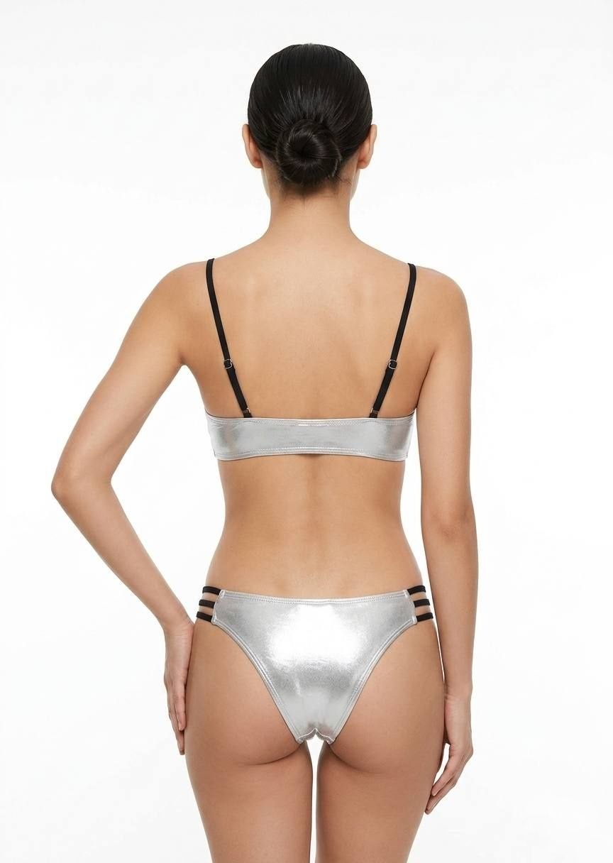 SHEIN Metallic Silver V-Bar Bikini Set with Strappy Sides