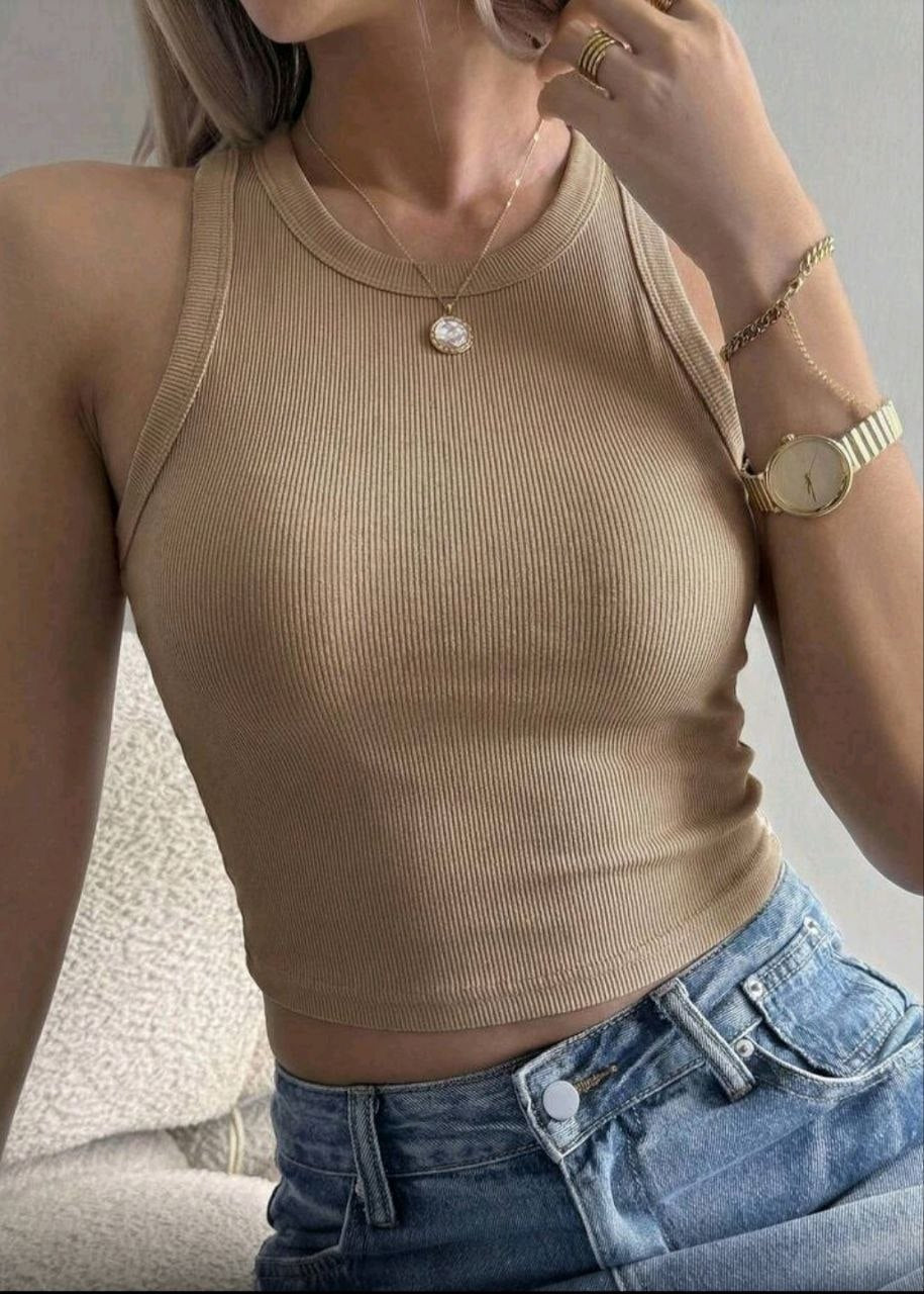 BERSHKA Women's Ribbed Crew Neck Sleeveless Crop Top - Beige