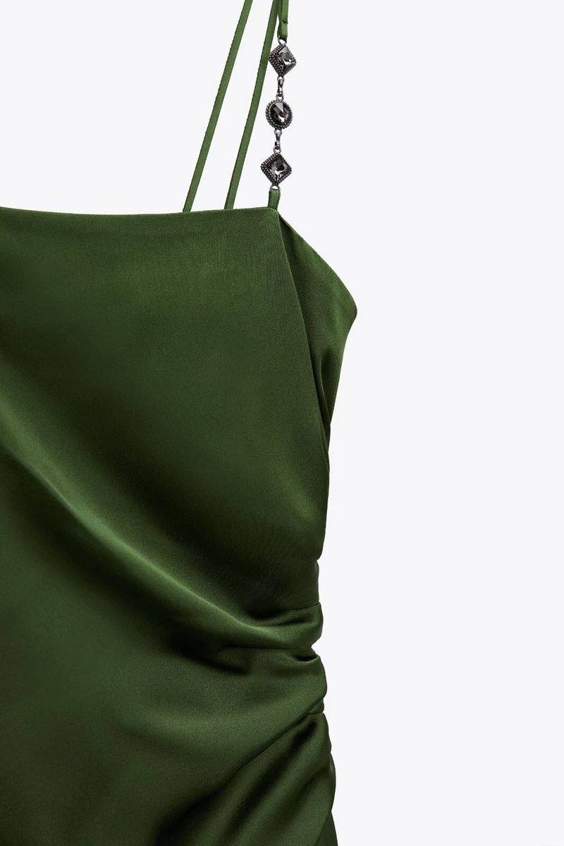 ZARA Satin Midi Slip Dress with Embellished Straps