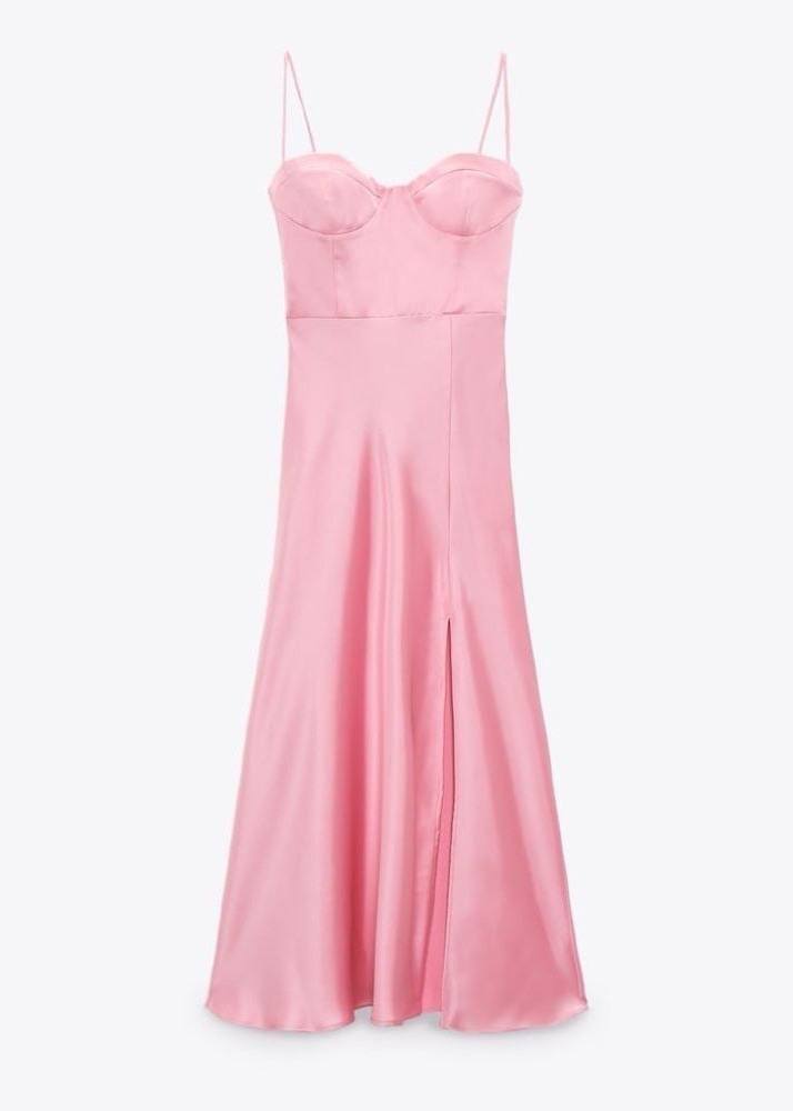 ZARA Pink Satin Corset Midi Dress with Lace-Up Back
