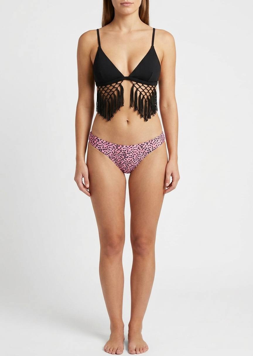 SHEIN Boho-Chic Black Fringe & Pink Animal Print Bikini Set
