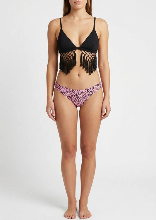 SHEIN Boho-Chic Black Fringe & Pink Animal Print Bikini Set