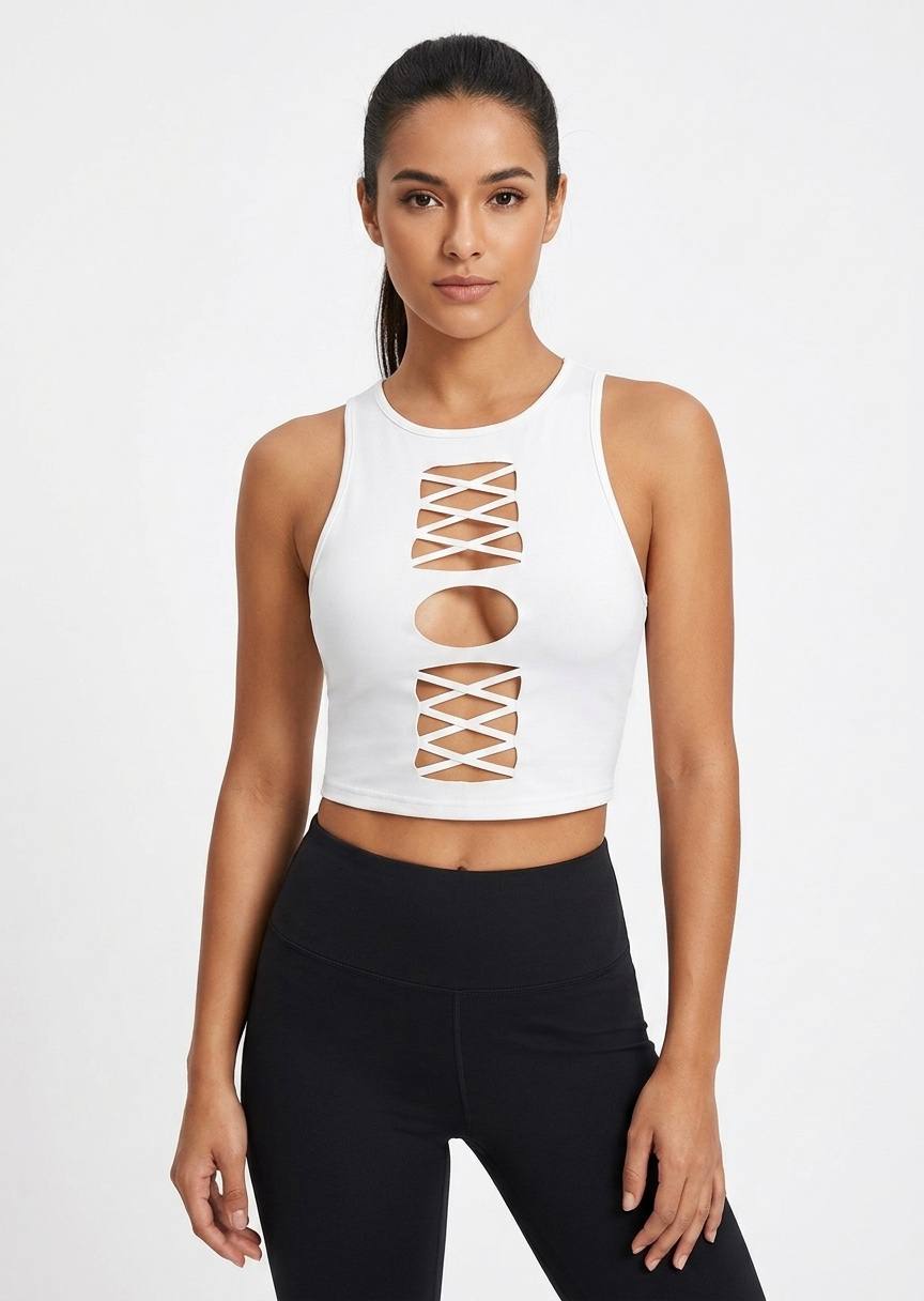 Women's Criss-Cross Lace-Up Athletic Crop Top - White Fitness Tank