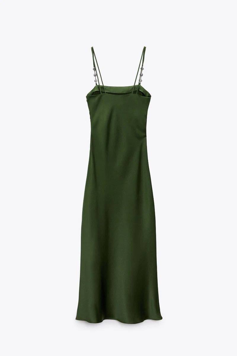 ZARA Satin Midi Slip Dress with Embellished Straps