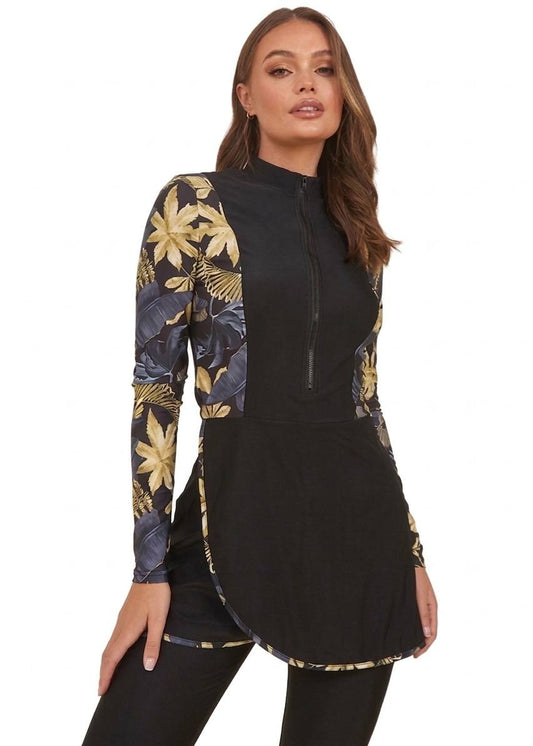 SHEIN Modest Floral Print Zip-Front Long Sleeve 3-Piece Swimwear Set